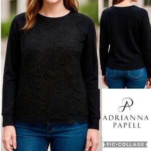 Adrianna Papell Black Lace Front Pullover Sweatshirt Mixed‎ Media Top Size M